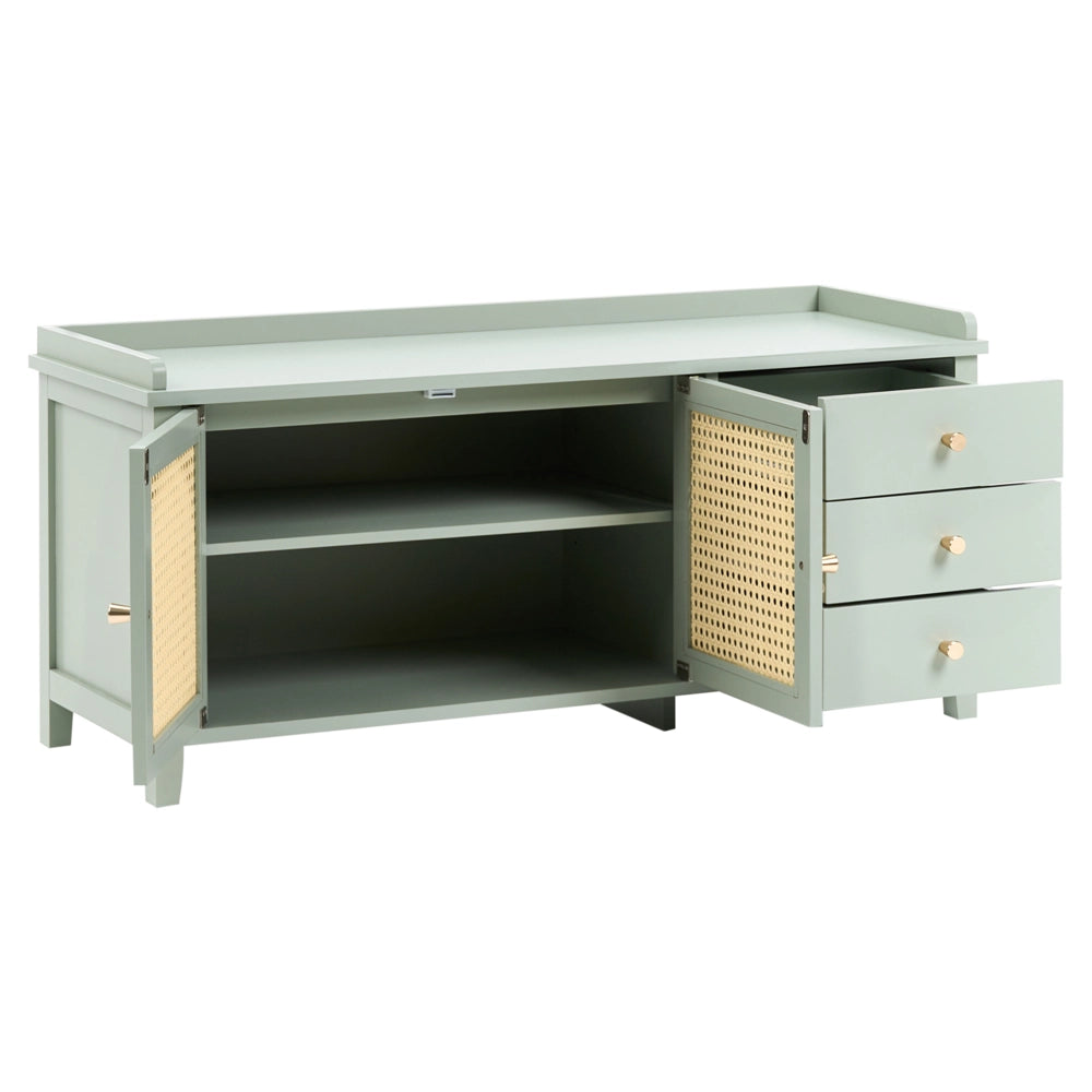 Panca porta scarpe con 3 cassetti e 2 ripiani seduta imbottita legno MDF rattan PE verniciata stile boho verde menta