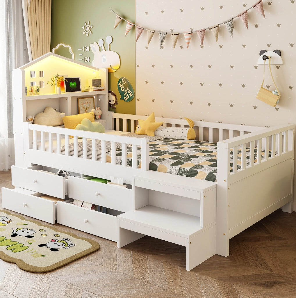 Letto per bambini con 4 cassetti; scale; LED e USB Type-C; 90x200 cm; bianco