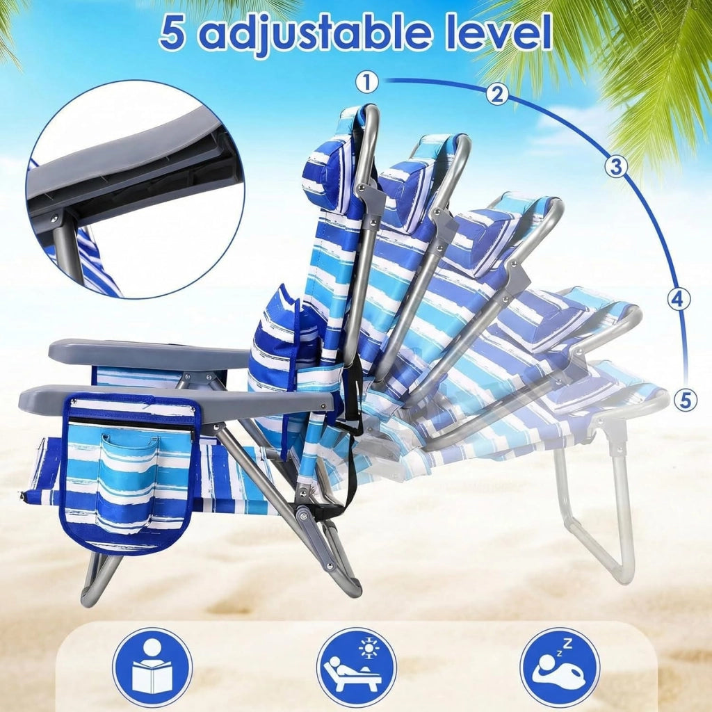 Sedia da spiaggia con funzione zaino, pieghevole con funzione di sdraio, per sabbia, schienale alto, regolabile, con bracciolo, cuscino lombare, poggiatesta tasche laterali, sedia da campeggio