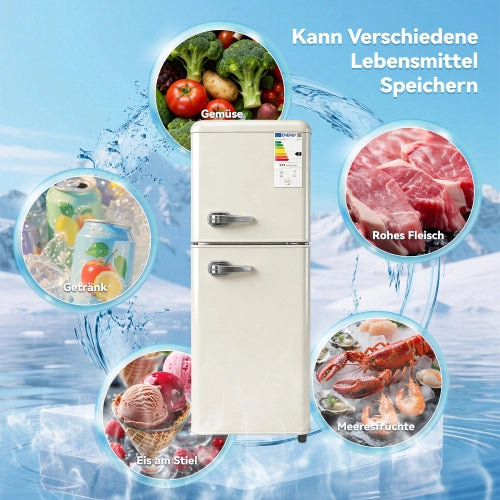 Frigorifero a doppia porta (112L) – controllo della temperatura a 7 livelli; classe di efficienza energetica E; luce LED; ripiani regolabili e portauova – Crema