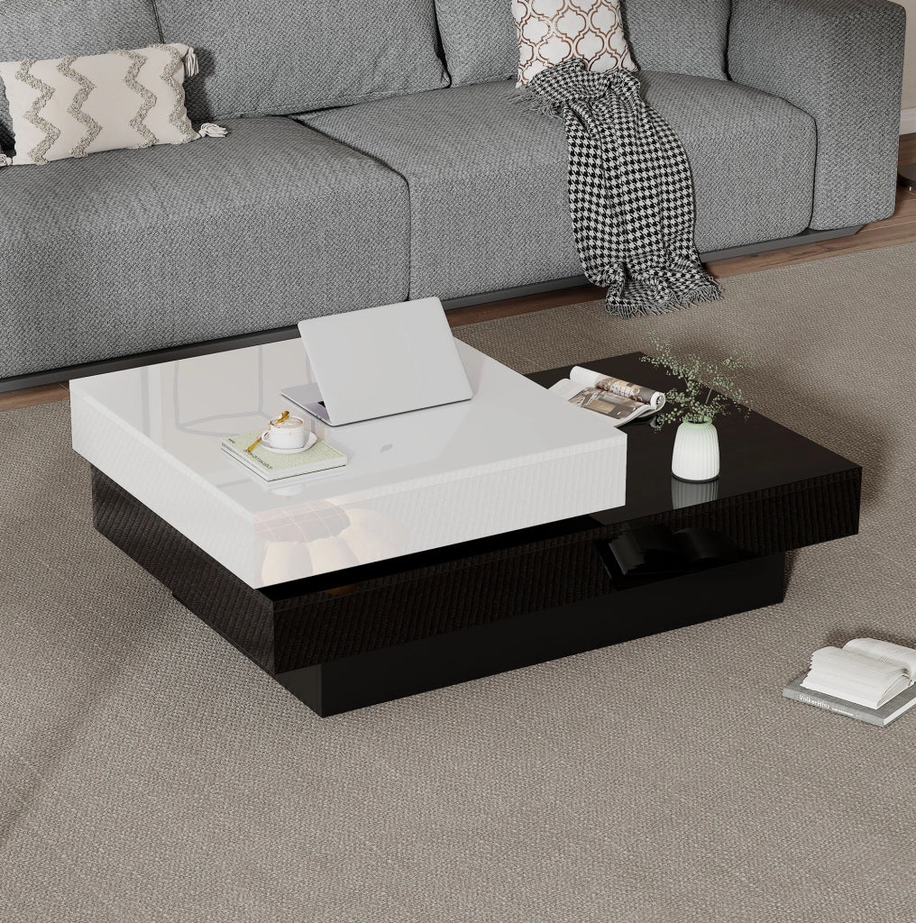 Tavolino da salotto girevole a 2 livelli 103 x 60 x 35;5 cm bianco e nero lucido