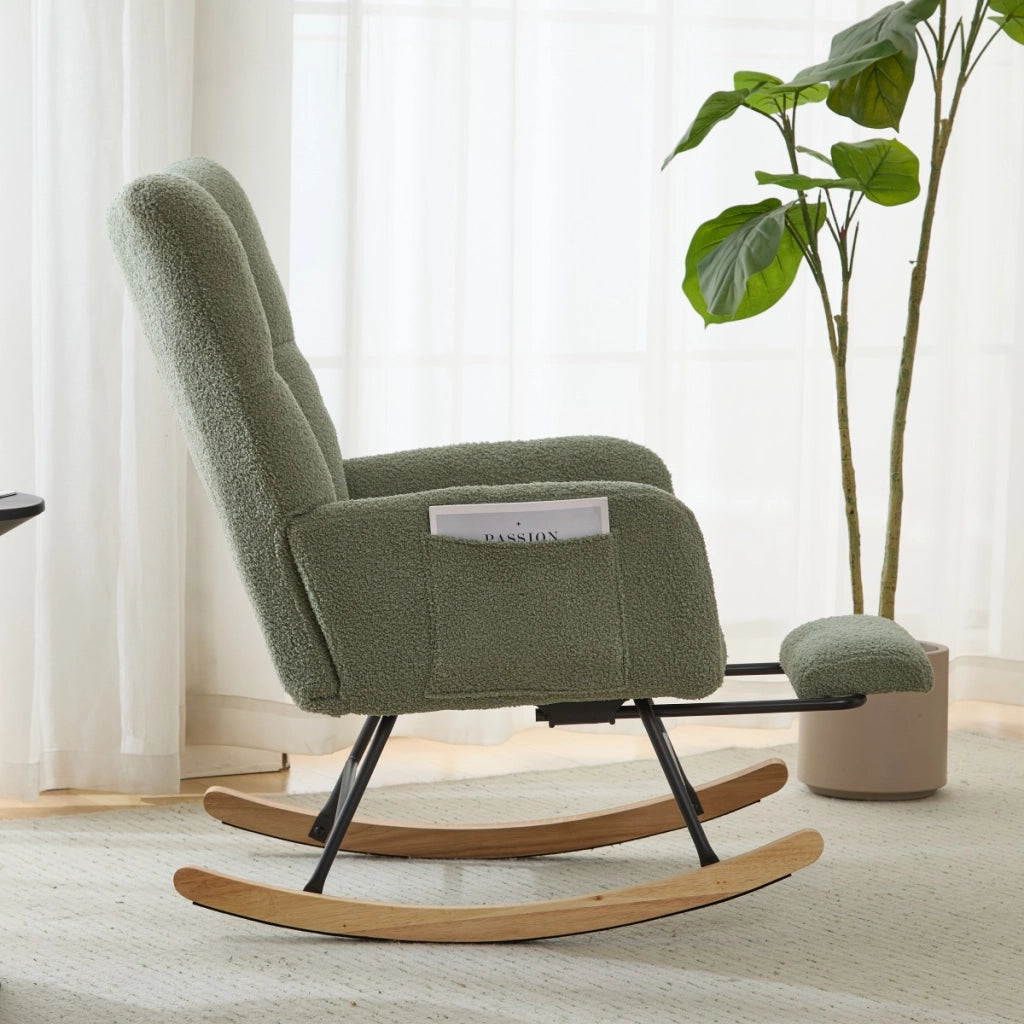 Poltrona a dondolo ergonomica con pouf, schienale avvolgente e braccioli, base in legno, in tessuto teddy verde