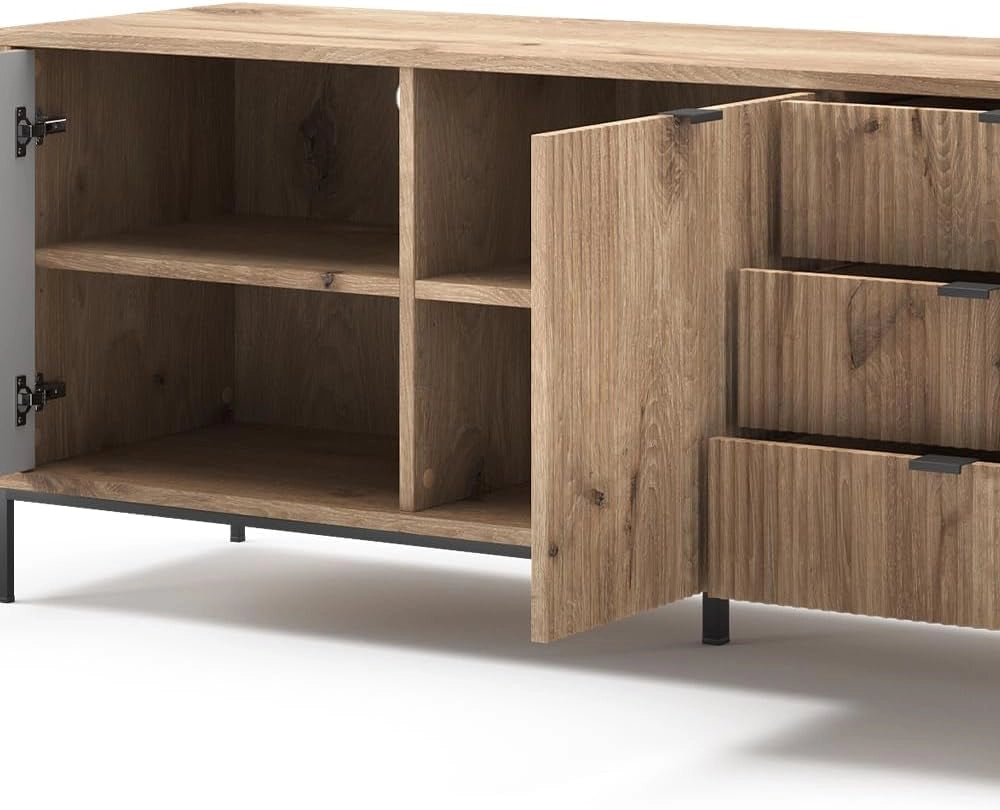 Tavolo basso Eliza, Quercia vichinga, 150 x 60 cm con 3 cassetti, 2 ante, utilizzabile come supporto TV e per la conservazione