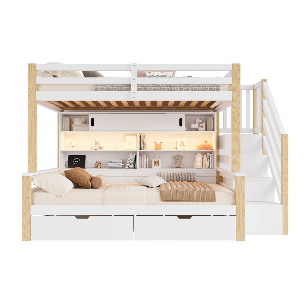 Letto a castello per bambini 90x200 cm; LED controllabile tramite app; USB e Type-C; scala contenitore; pino bianco