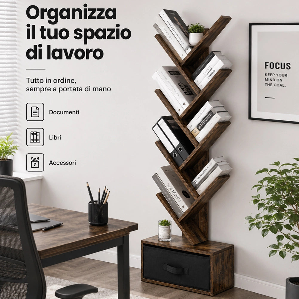 Libreria Design Moderno Industriale Scaffale 10 Ripiani con Cassetto Tessuto