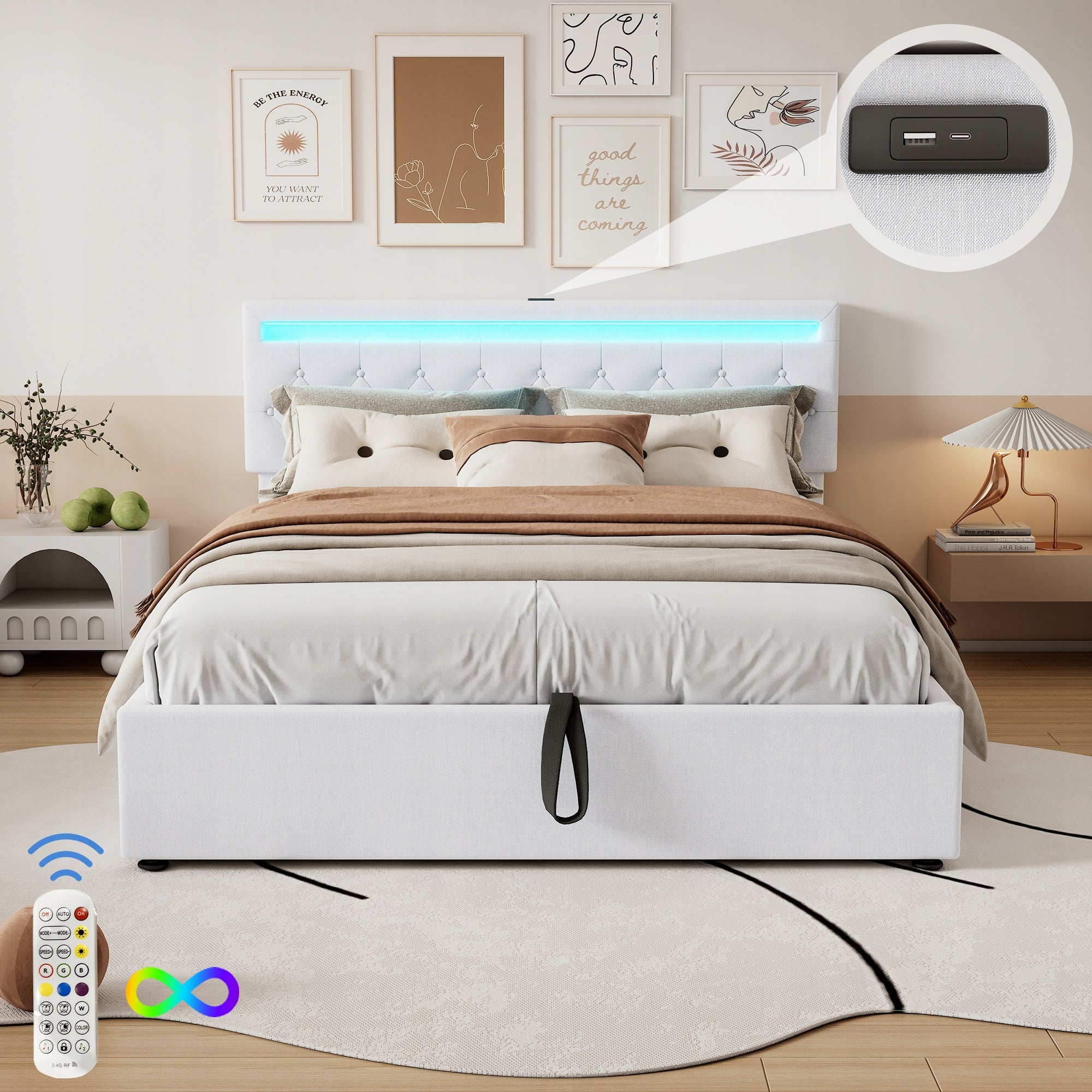 Letto Matrimoniale - Xylo - 160x200 - Bianco - USB-C e RGB