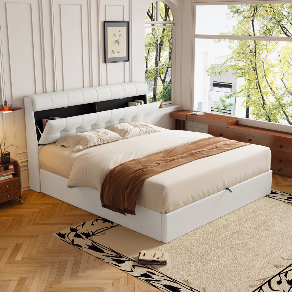 Letto imbottito 160x200 con contenitore idraulico; testiera con vano nascosto; PU bianco