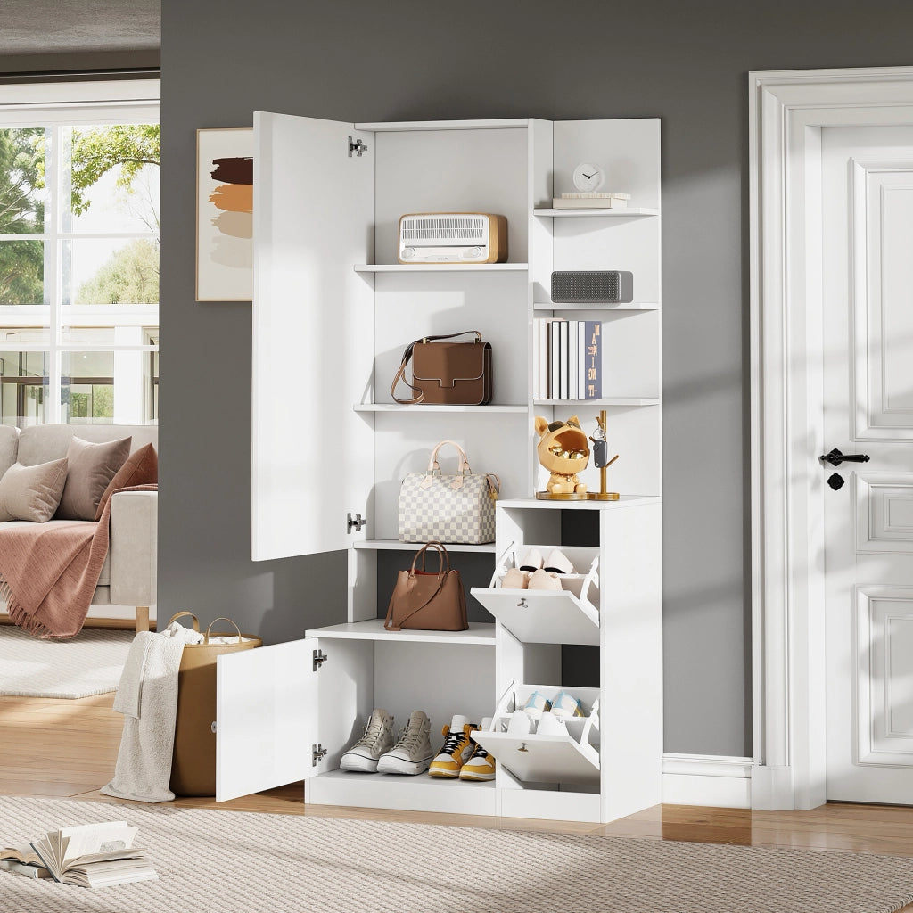 Mobile da ingresso con specchio, 2 scarpieri a ribalta e 5 vani aperti, in pannello truciolare bianco, 85 × 40 × 180 cm