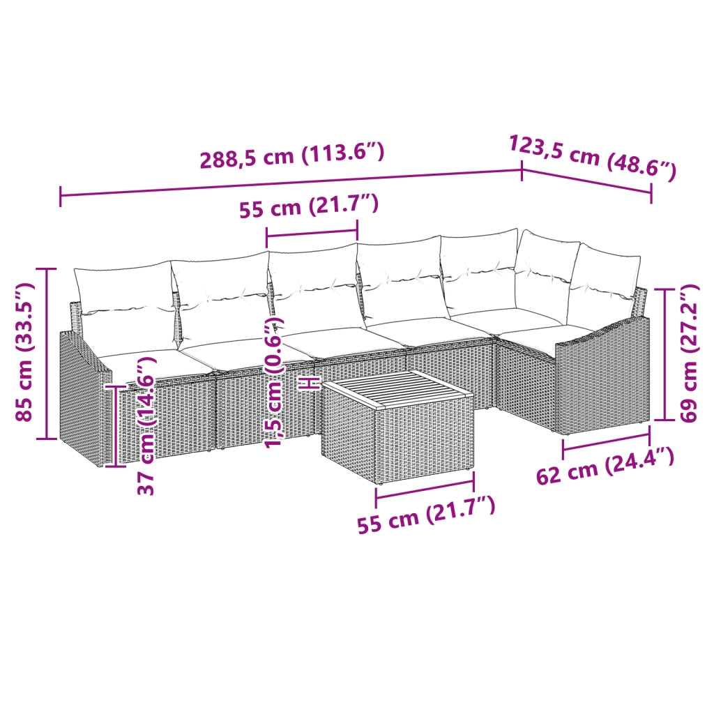 Set Divano da Giardino 7 Pezzi con Cuscini Beige Polyrattan Acacia