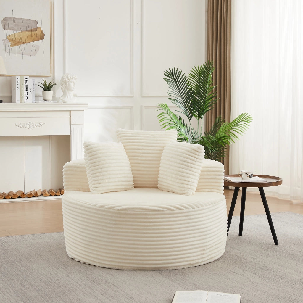 POLTRONA tonda 110 cm in velluto a coste beige con 3 cuscini
