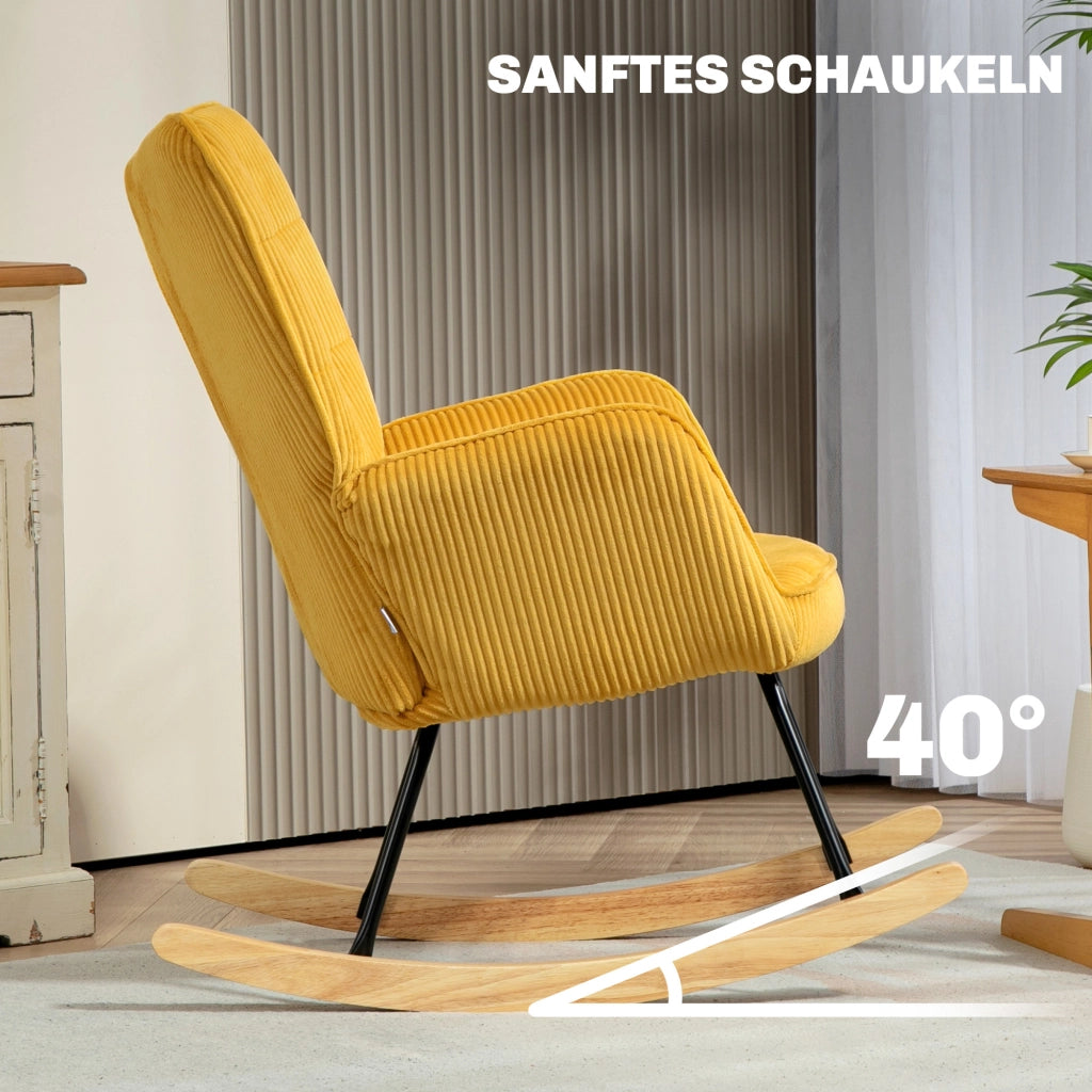 Fauteuil a dondolo con rivestimento in velluto a coste, schienale alto e braccioli, struttura in acciaio giallo