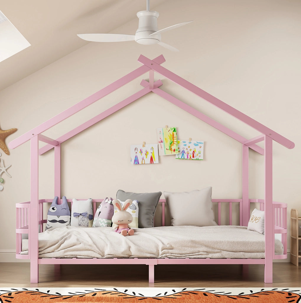 Letto a forma di casa 90x200 cm con sponde di sicurezza in metallo rosa
