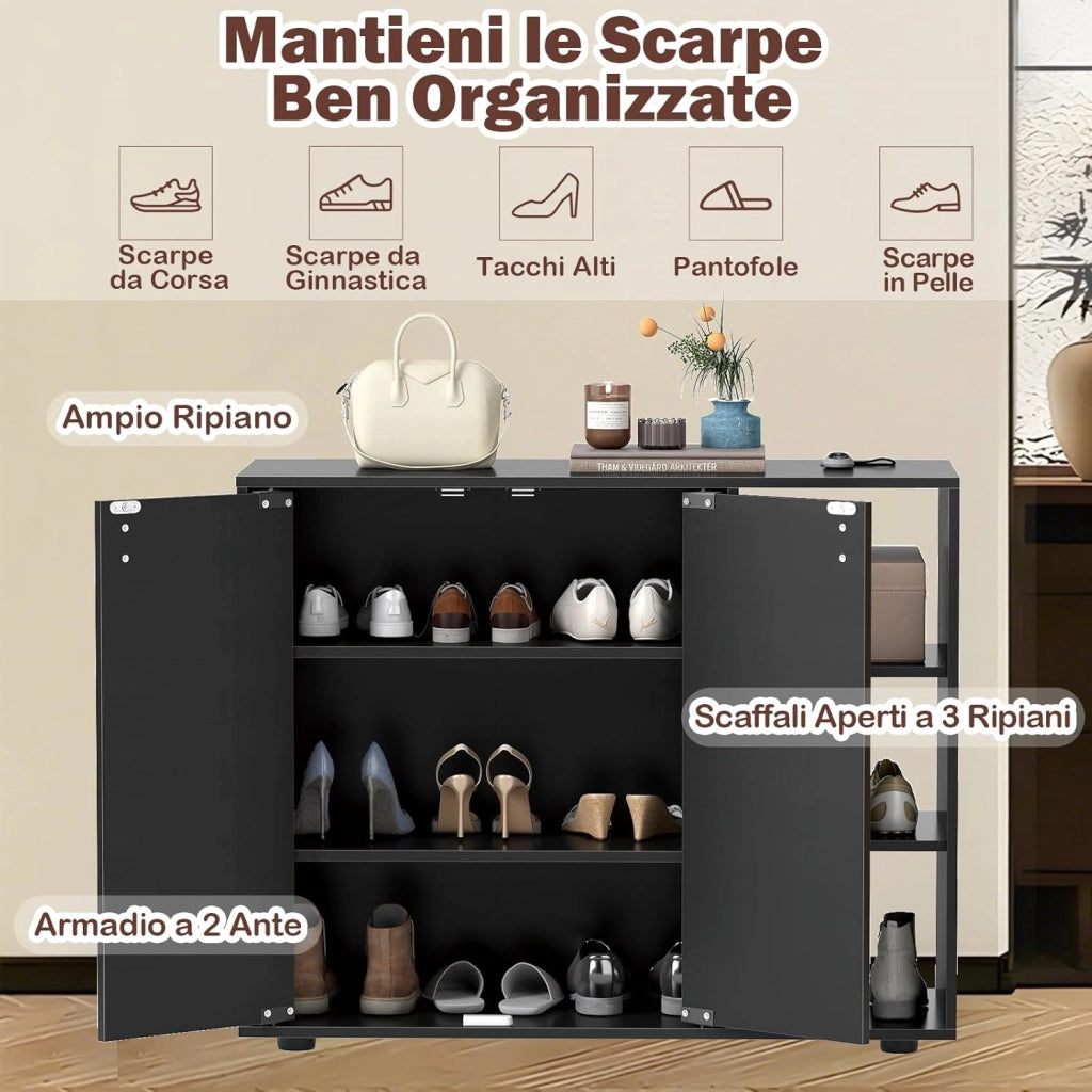 Mobiletto per Scarpe con Ante, Scaffale Porta Scarpe a 3 Ripiani con Mensole Regolabili, Organizzatore in Legno per Ingresso, Corridoio e Soggiorno, 80x31x64,5 cm (Nero)