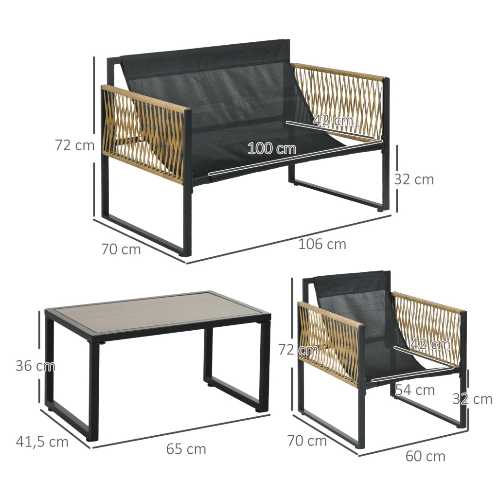 Salottino da giardino in rattan 4 pezzi con tavolino in vetro, colore grigio scuro