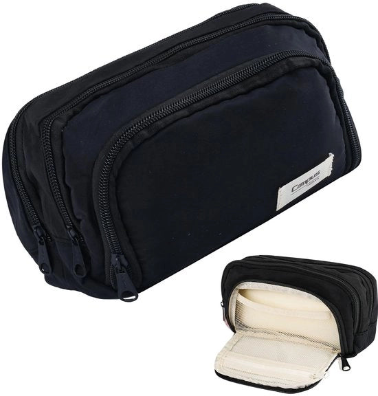 Etui grande, etui con 3 compartimenti, borsa per studenti, ragazze e giovani adulti, etui per studio, etui, etui per scuola e ufficio (nero)