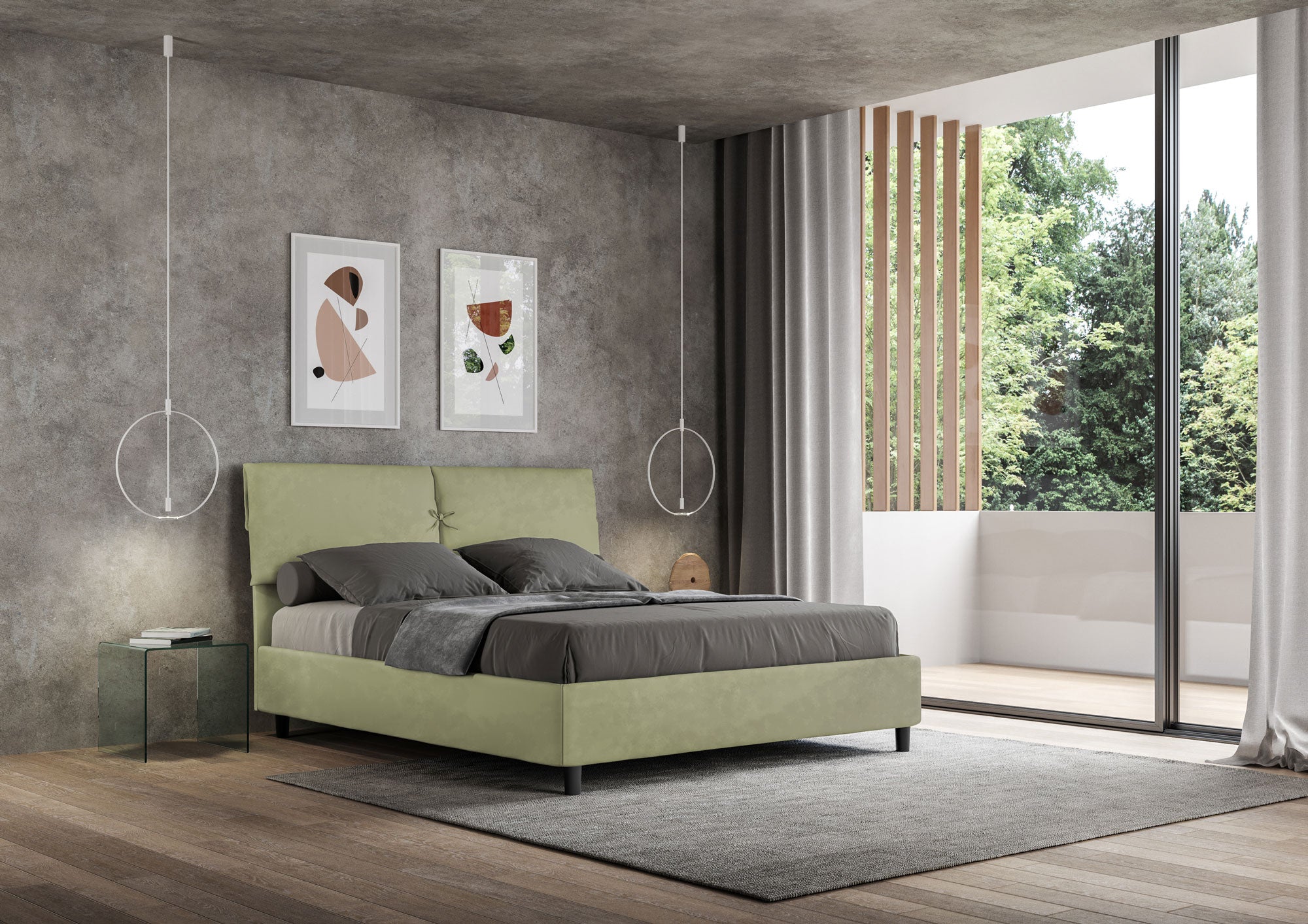Letto Matrimoniale 160x210 cm con Rete e Contenitore con Testata e Alzata Comoda Imbottito in Microfibra Mados Tè Verde