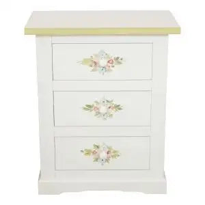 Comodino in legno Shabby chicbianco decorato con fiore profilo verde