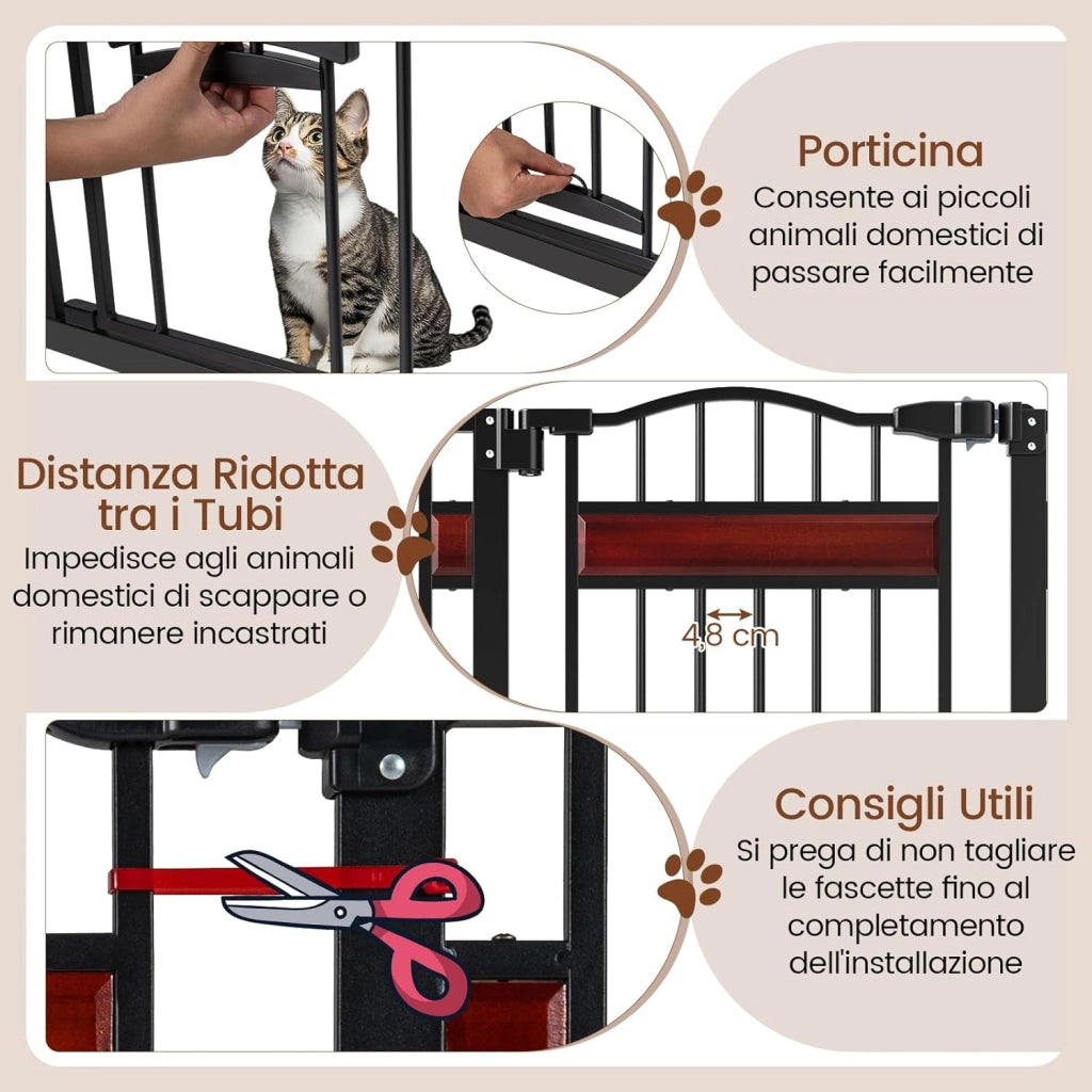 Cancello per Cani per Aperture da 74 a 104 cm, Recinto Espandibile con 2 Prolunghe, Installazione Senza Fori con Supporti, Doppia Chiusura, Cancello Metallico per Scala e Ingresso (Nero)
