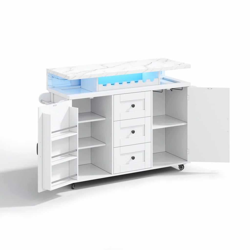 Carrello cucina con piano ribaltabile, 2 porte, 3 cassetti, LED RGB e ruote frenanti, 138 x 60 x 93 cm