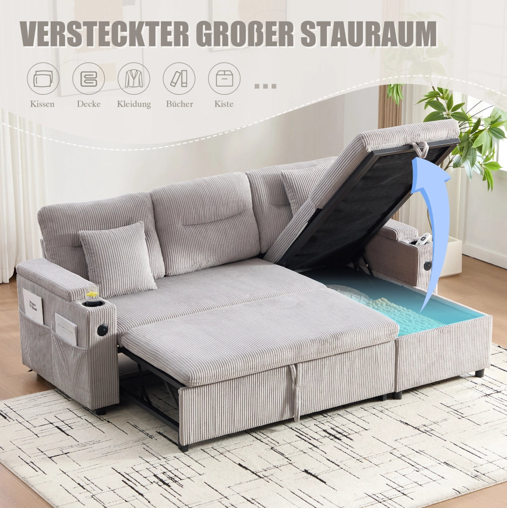 Divano 3 posti con chaise longue idraulica e letto estraibile 212;5x136x86 cm in cord grigio chiaro