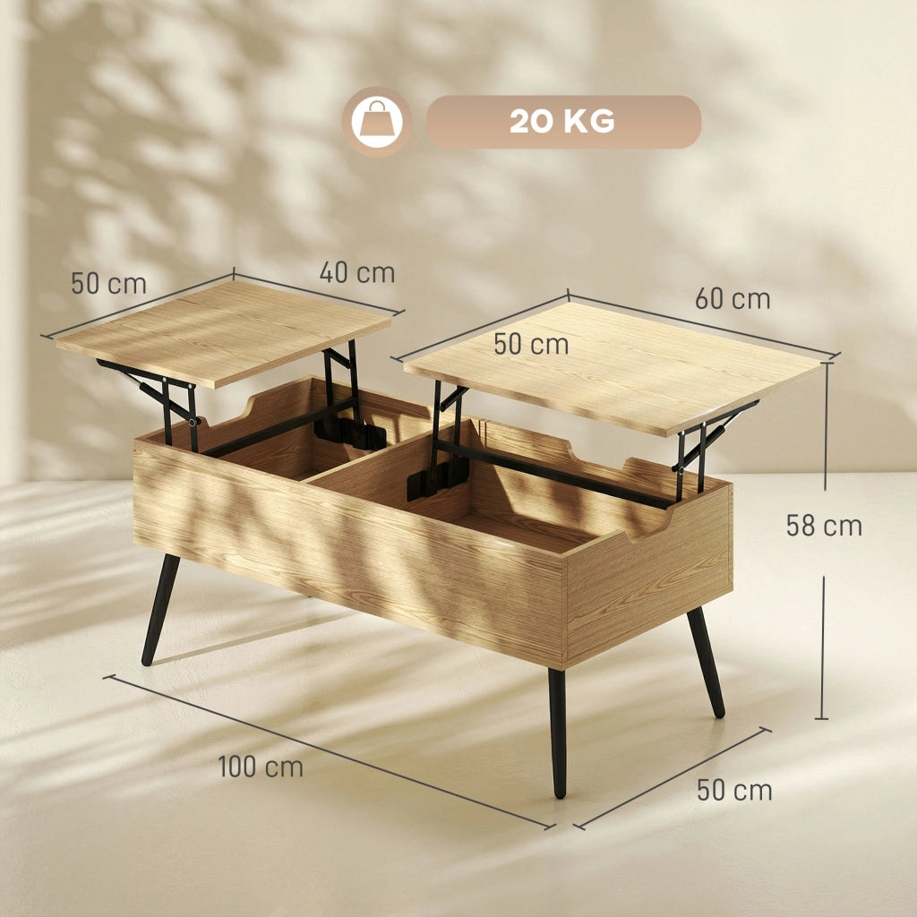 Tavolino da caff¨¨ con doppio piano e ripiano nascosto ¨C zephmum ¨C legno naturale, gambe in metallo