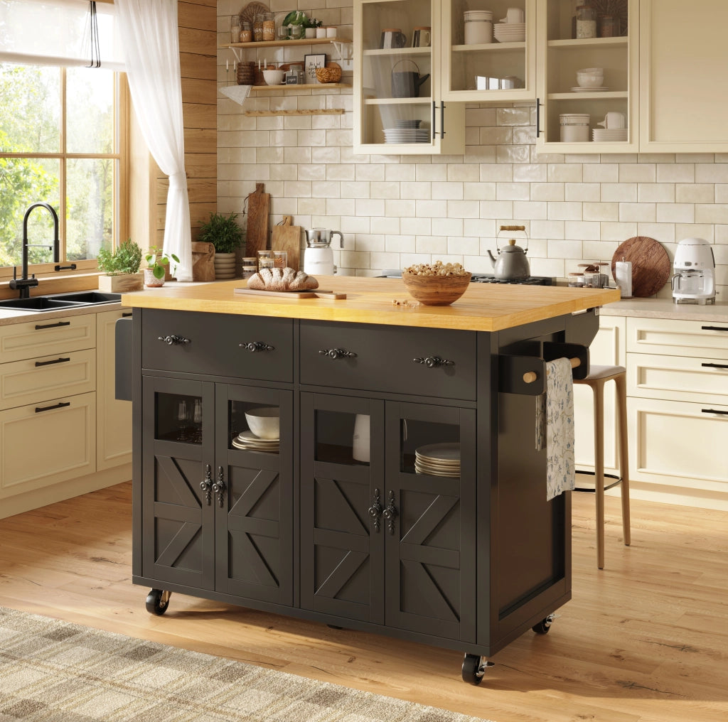 Isola da cucina mobile con piano estraibile e ruote, nera