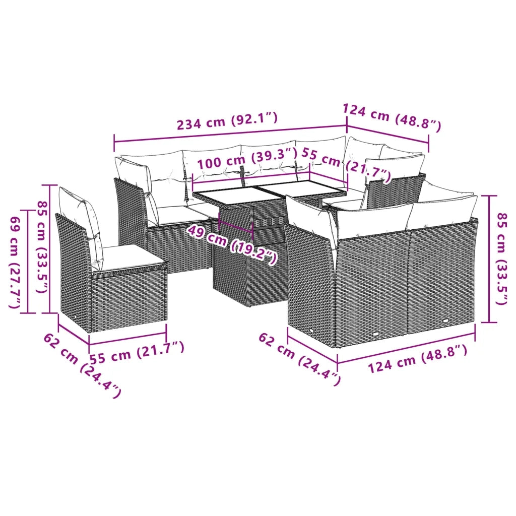 Set Divano da Giardino 9 pz con Cuscini Beige in Polyrattan 3266728