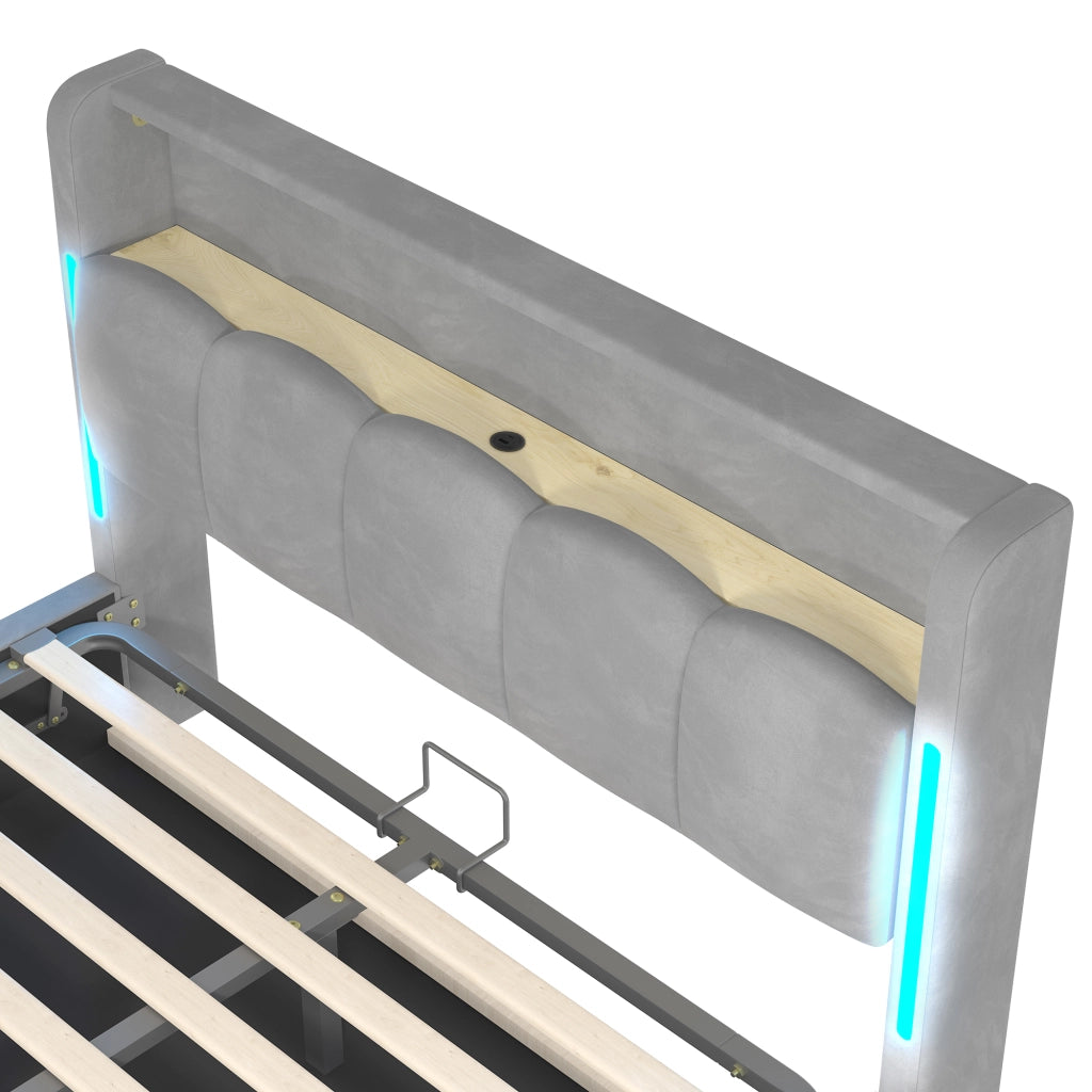 DESMIU Letto Contenitore 140 × 200 cm 2 Posti con LED, USB, USB-C e Testiera con Vano, senza Materasso, Velluto Grigio