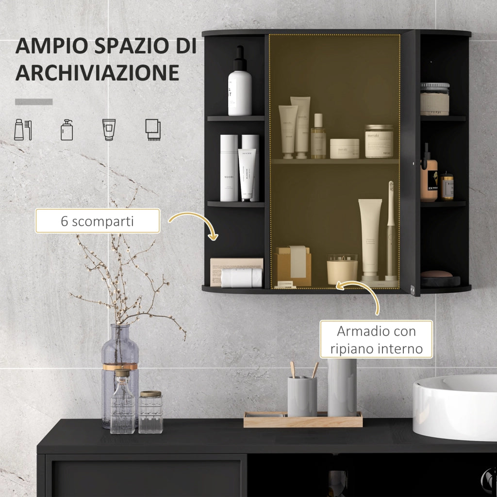 Specchiera Bagno con Ripiani Aperti e Chiusi ¨C zephmum ¨C Legno Vetro Nero 66x17x63 cm