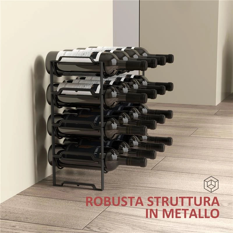 PORTABOTTIGLIE A 4 LIVELLI A ONDA IMPILABILI PER 16 BOTTIGLIE IN METALLO 42.5X16.5X41 CM NERO