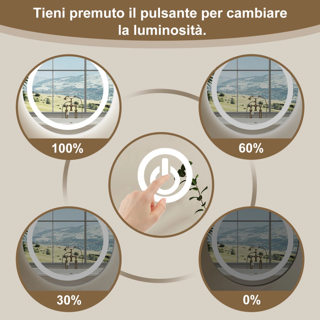 AICA SPECCHIO DA BAGNO ROTONDO CON LED 60 x 60 cm, antiappannamento, interruttore a sfioramento