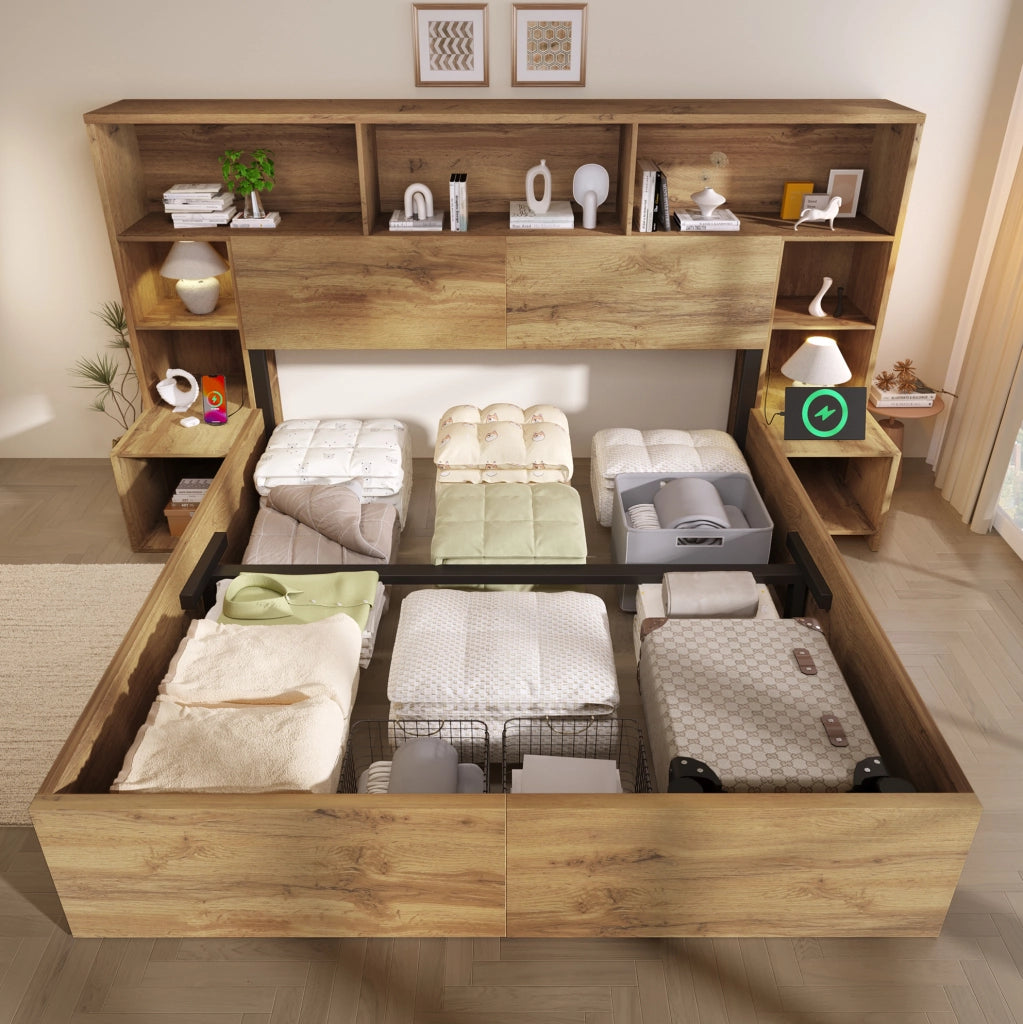 Letto contenitore con LED, prese USB e comodini integrati, 160x200 cm