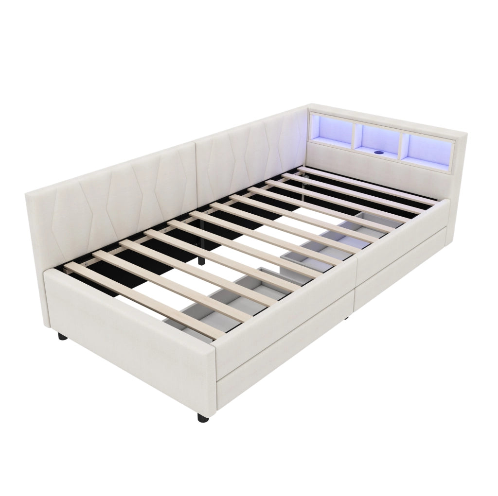 Letto singolo 90x200 cm beige in lino e MDF, LED USB Type C con 2 cassetti, senza materasso