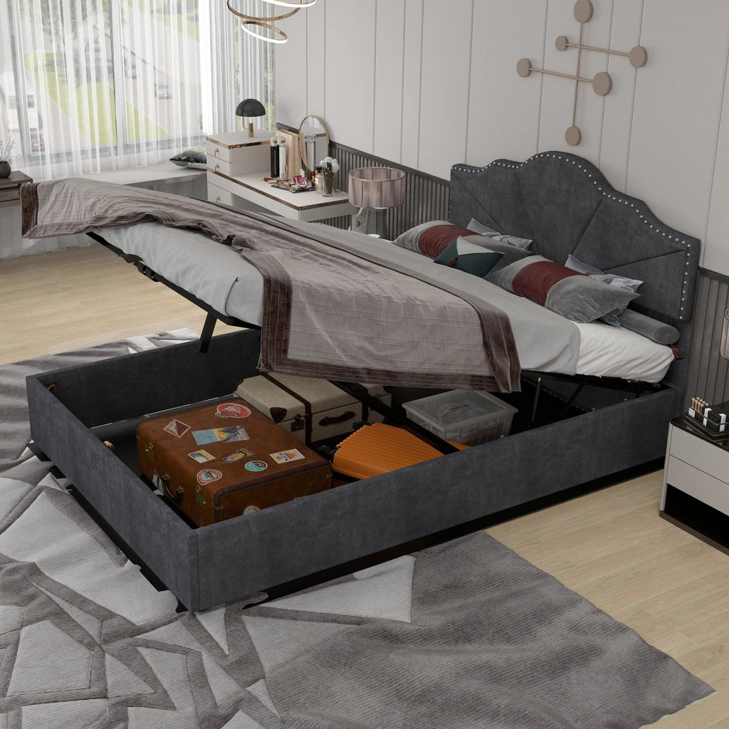 Letto Contenitore Imbottito ¨C MINIMAL ¨C Grigio 140x200 con Testiera, Doghe e Alzata Idraulica