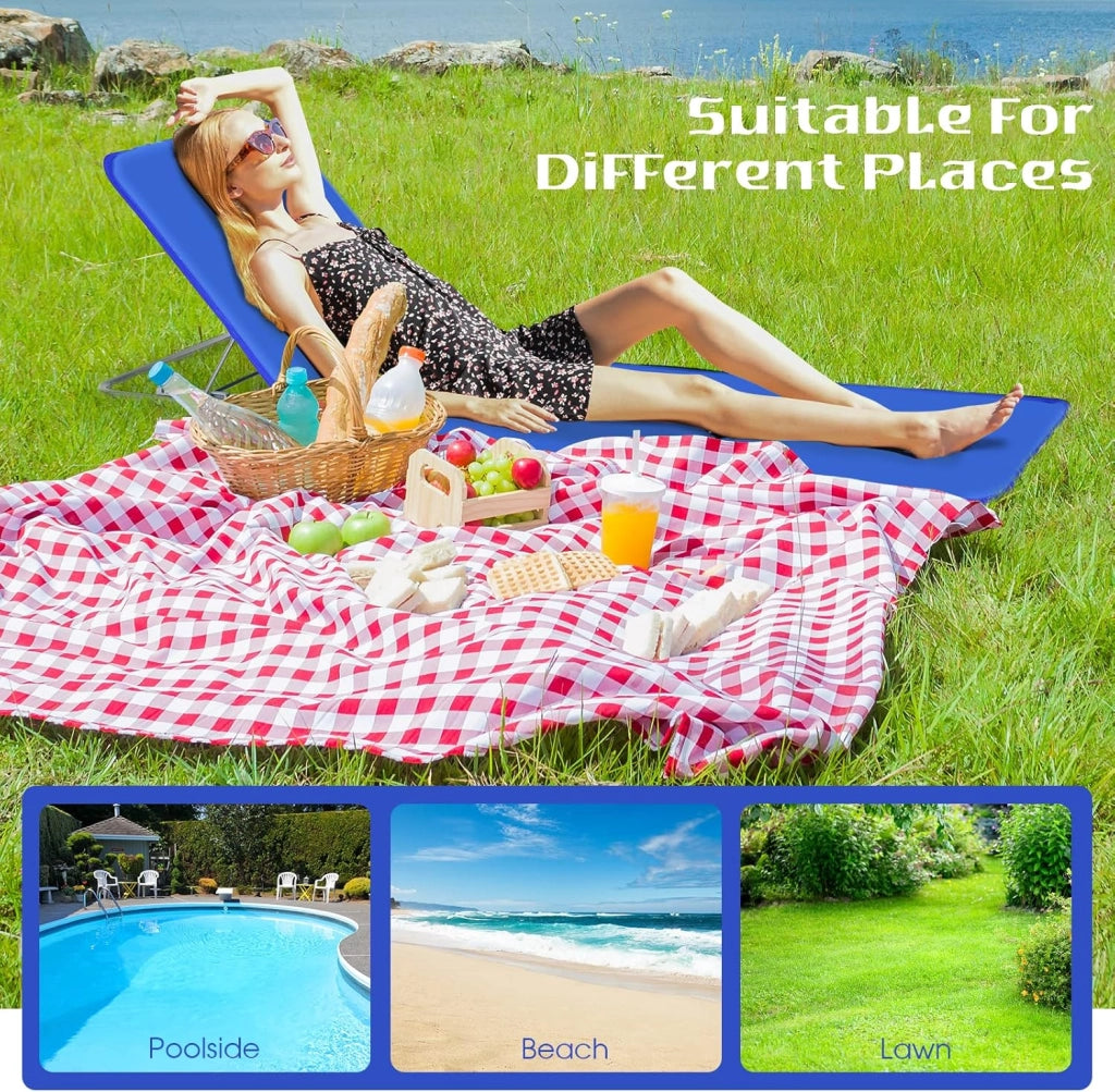 Set di 2 Materassi da Spiaggia Pieghevoli e Tavolino, Sedie a Sdraio da Spiaggia Regolabili in 5 Posizioni con Poggiatesta Rimovibile, Tasca per Giardino, Campeggio (Blu)