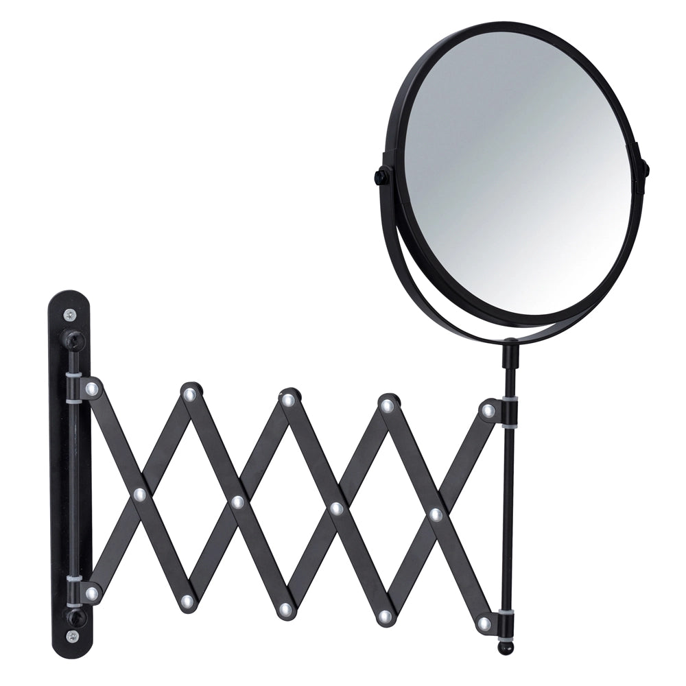 Specchio da trucco a parete in acciaio inox nero con braccio telescopico e ingranditore 3x