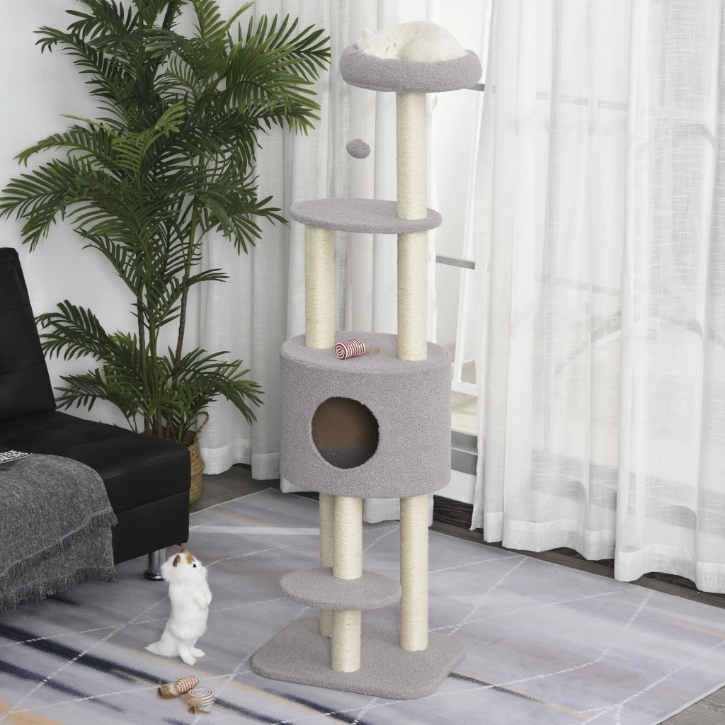 Albero tiragraffi per gatti con piattaforme e pallina ¨C zephmum ¨C grigio 148 cm