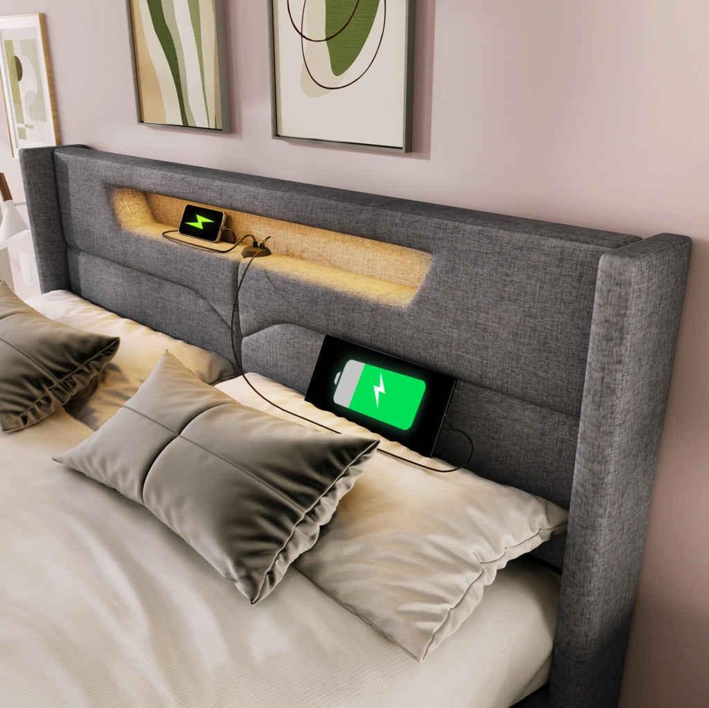 Letto matrimoniale imbottito 140x200 cm con LED, USB Tipo C e tessuto in lino grigio