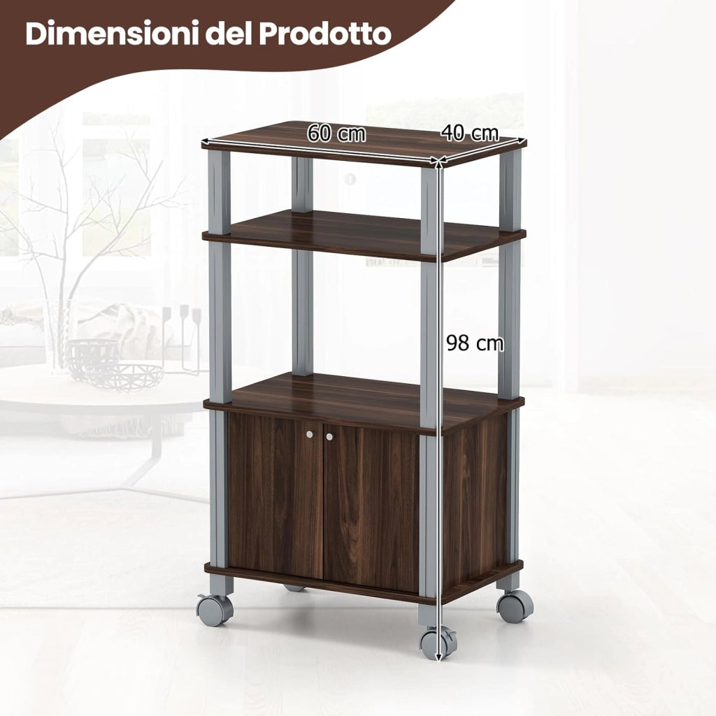 Scaffale da Cucina per Microonde Carrello da Cucina, con Ruote e 2 Ante, Multifunzionale e Movimento Flessibile, 60x40x98 cm (Caffè)