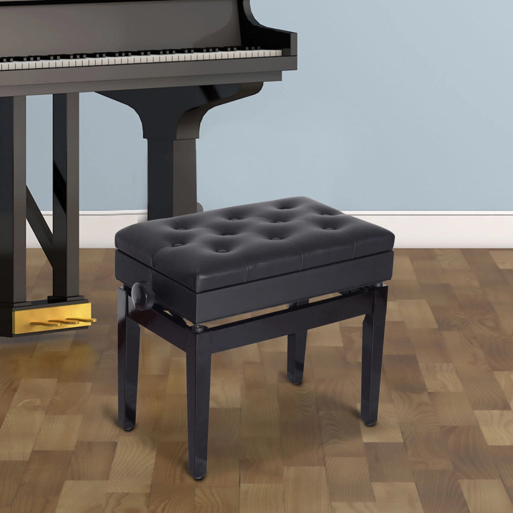 Panca per pianoforte regolabile in altezza con vano portaoggetti ¨C Xylo ¨C nero, ecopelle, 54,5x33x48-58 cm