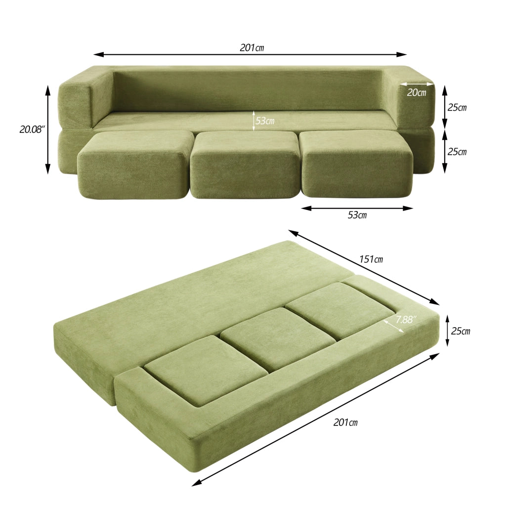 DIVANO LETTO Modulare multifunzione in chenille verde