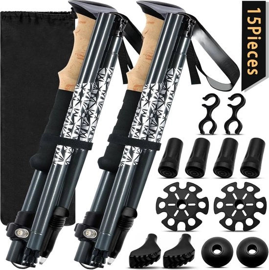 Trekkingstang regolabile 108-139 cm - bastone da trekking telescopico in carbonio e alluminio - con manico in gomma e 5 paia di doppi per gomma