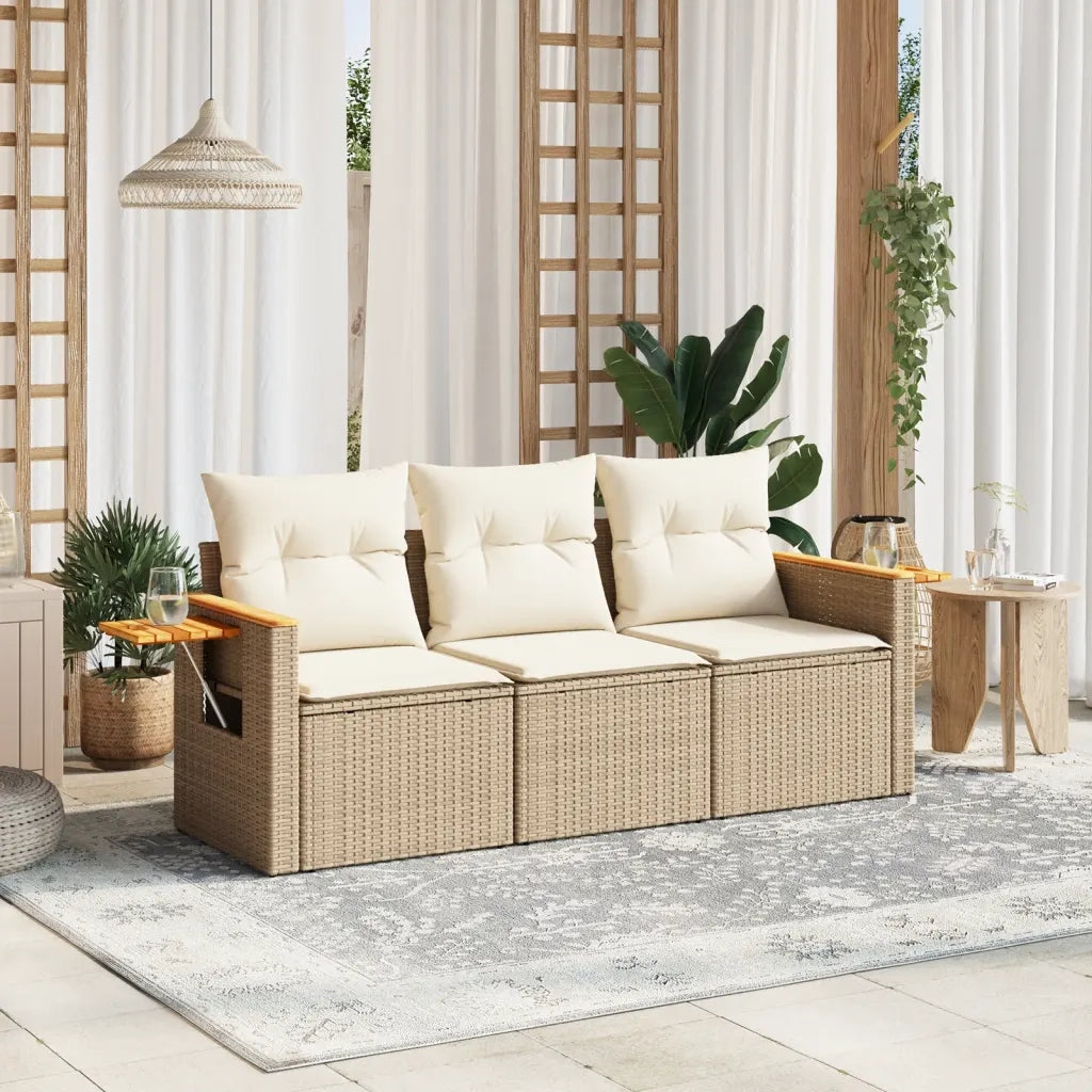 Set Divano da Giardino 3 pz | Set Salotto da Giardino con Cuscini Beige in Polyrattan
