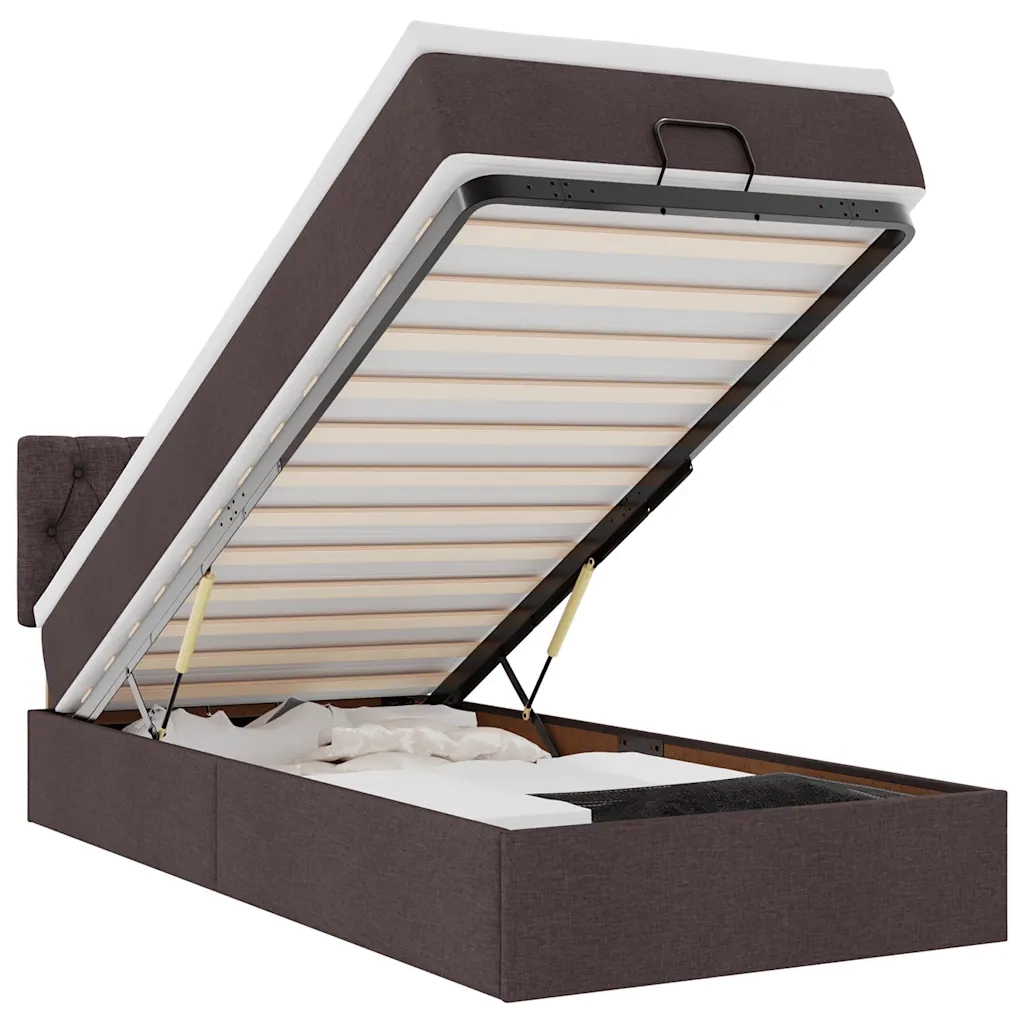 Pouf Letto con Materasso e LED Marrone Scuro 90x200 cm Tessuto