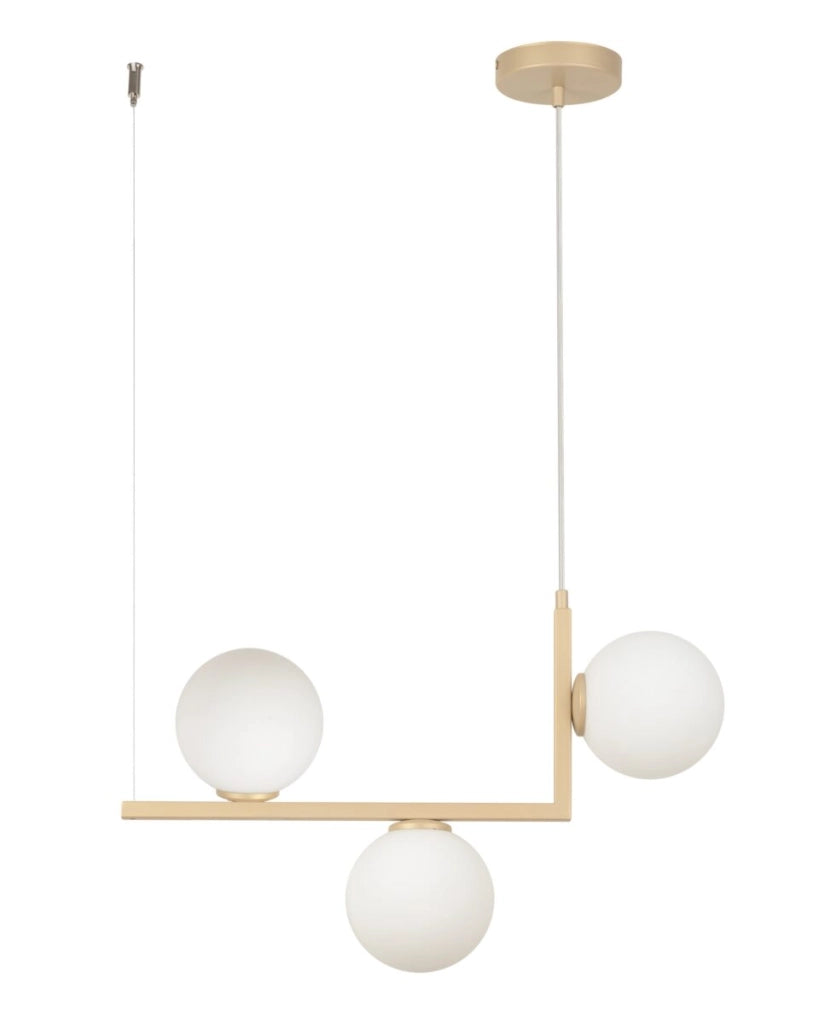 Lampadario oro Andy 3 sfere vetro bianco tavolo G9