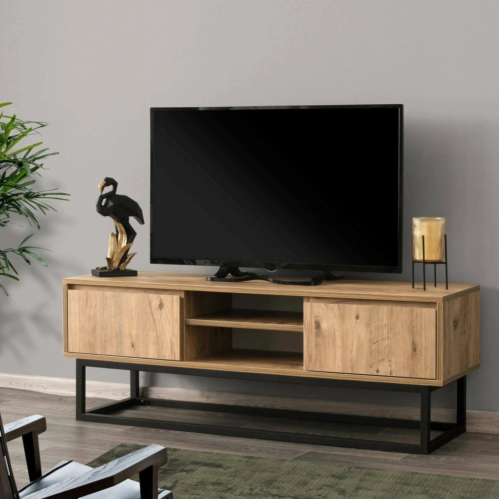 Mobile porta TV Kira, Credenza da soggiorno, Armadio basso per TV, Base parete attrezzata, 140x40h50 cm, Nero e Quercia