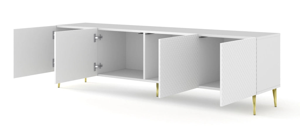 MOBILE RAVENNA C DIAMOND MDF HG PORTA TV 4D 200 BIANCO OPACO GAMBE BIANCO LUCIDO ORO