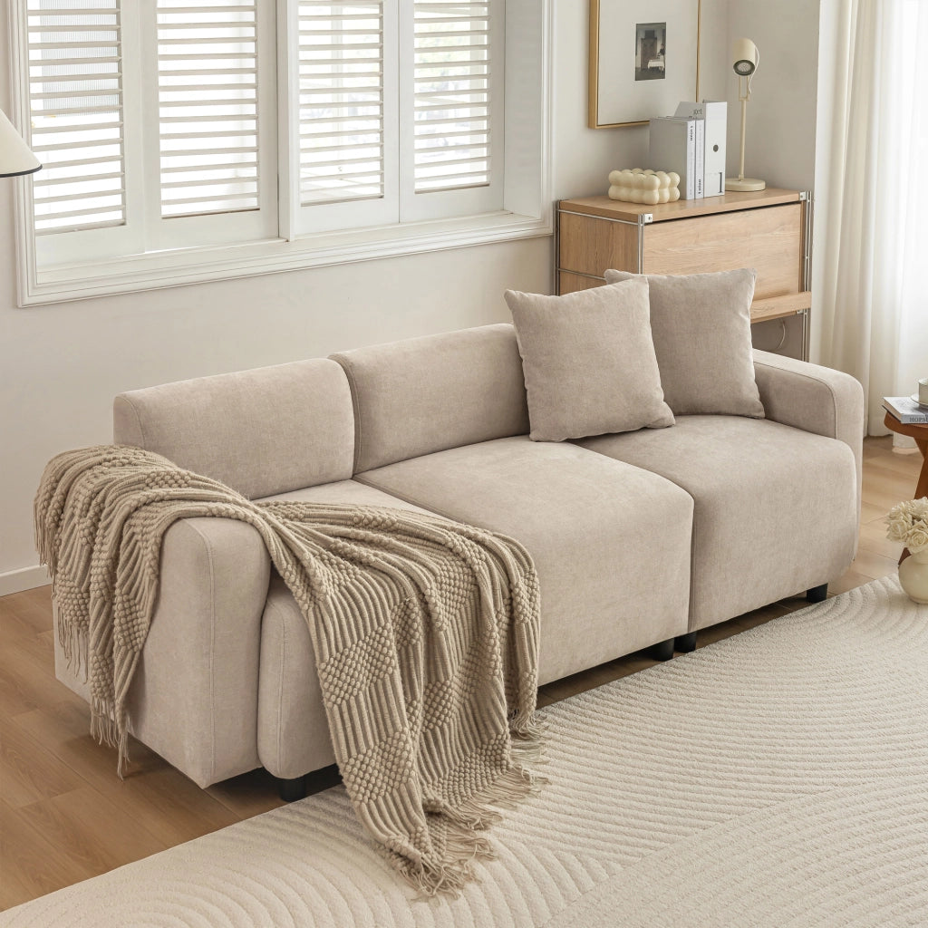 OKWISH Divano Lineare 3 Posti, Seduta Ampia con Schienale Alto e 2 Cuscini, Ciniglia Beige, 211 x 67 x 71 cm