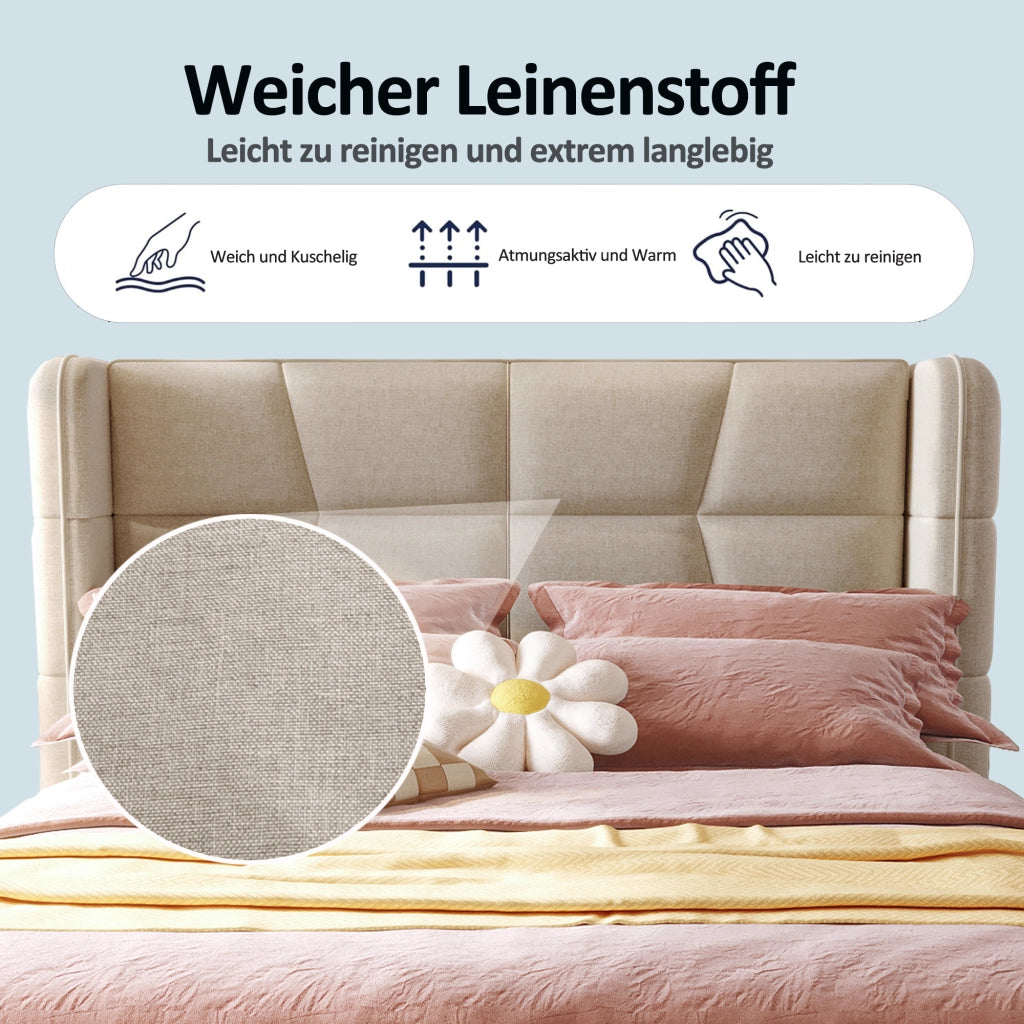 Letto per bambini 90 × 200 cm con contenitore sollevabile, testiera imbottita, senza materasso, beige