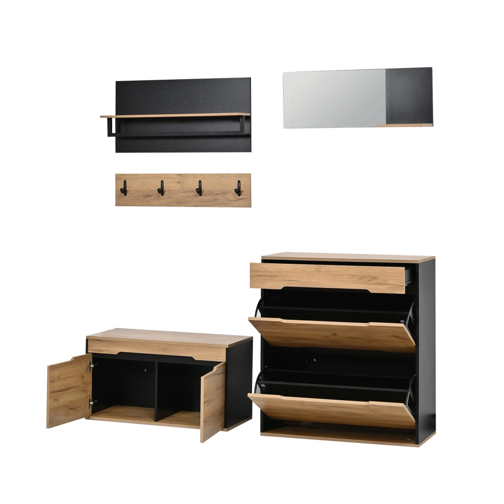 Set guardaroba modulare con scarpiera ribaltabile, panca portaoggetti, specchio e appendiabiti, Nero/Naturale, 156x36x176 cm